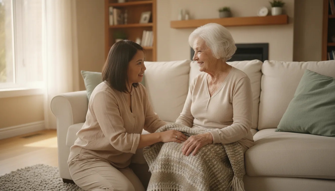 An elderly woman smiling warmly while sitting on a comfortable sofa in her living room, with a filipino caregiver gently placing a blanket over her lap, highlighting the comfort of home.