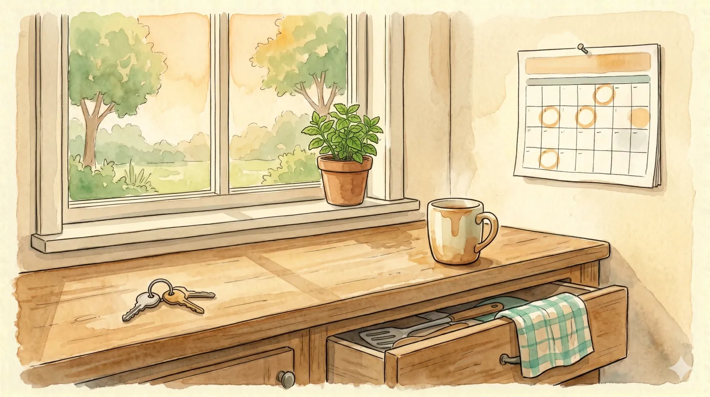 An illustrated kitchen scene with subtle signs of forgetfulness
