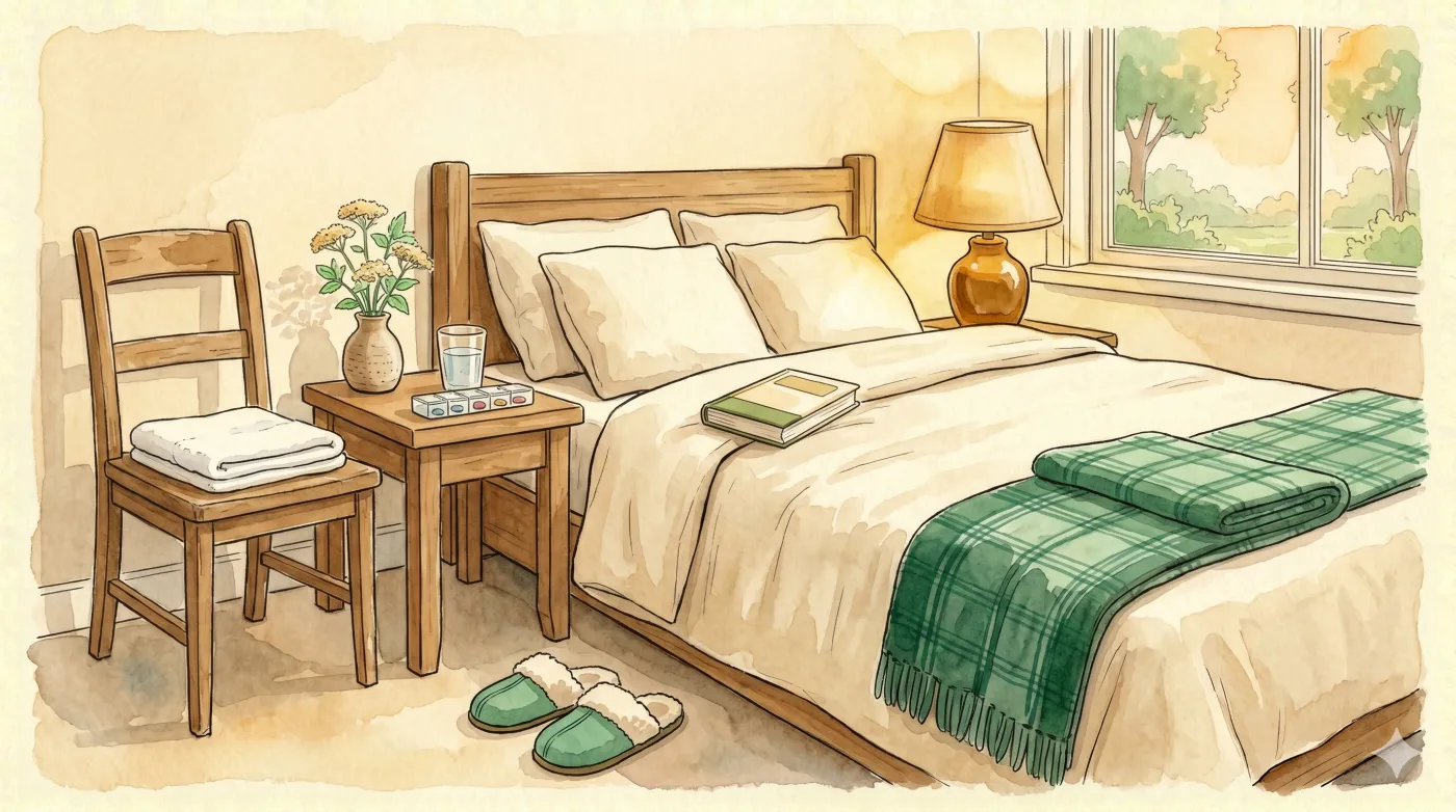 An illustrated bedside setup ready for someone recovering at home