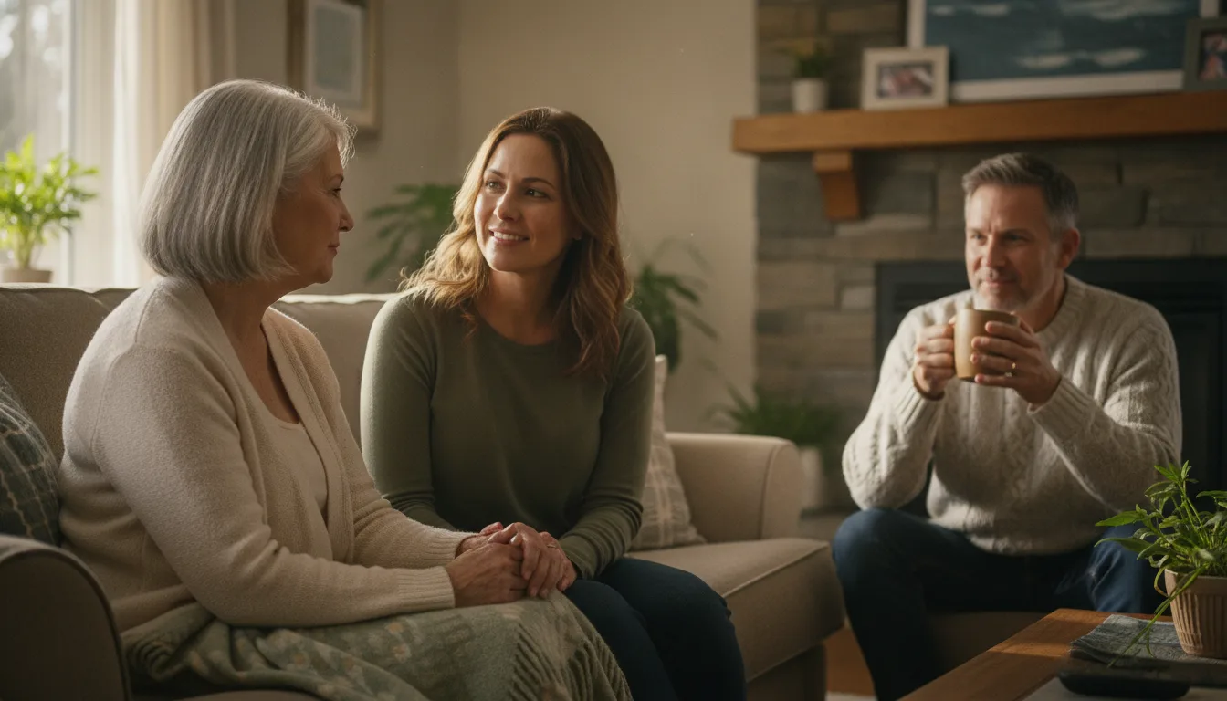 A senior woman sitting comfortably on a sofa in a warm, sunlit living room, holding hands with her adult daughter while her son sips tea nearby.