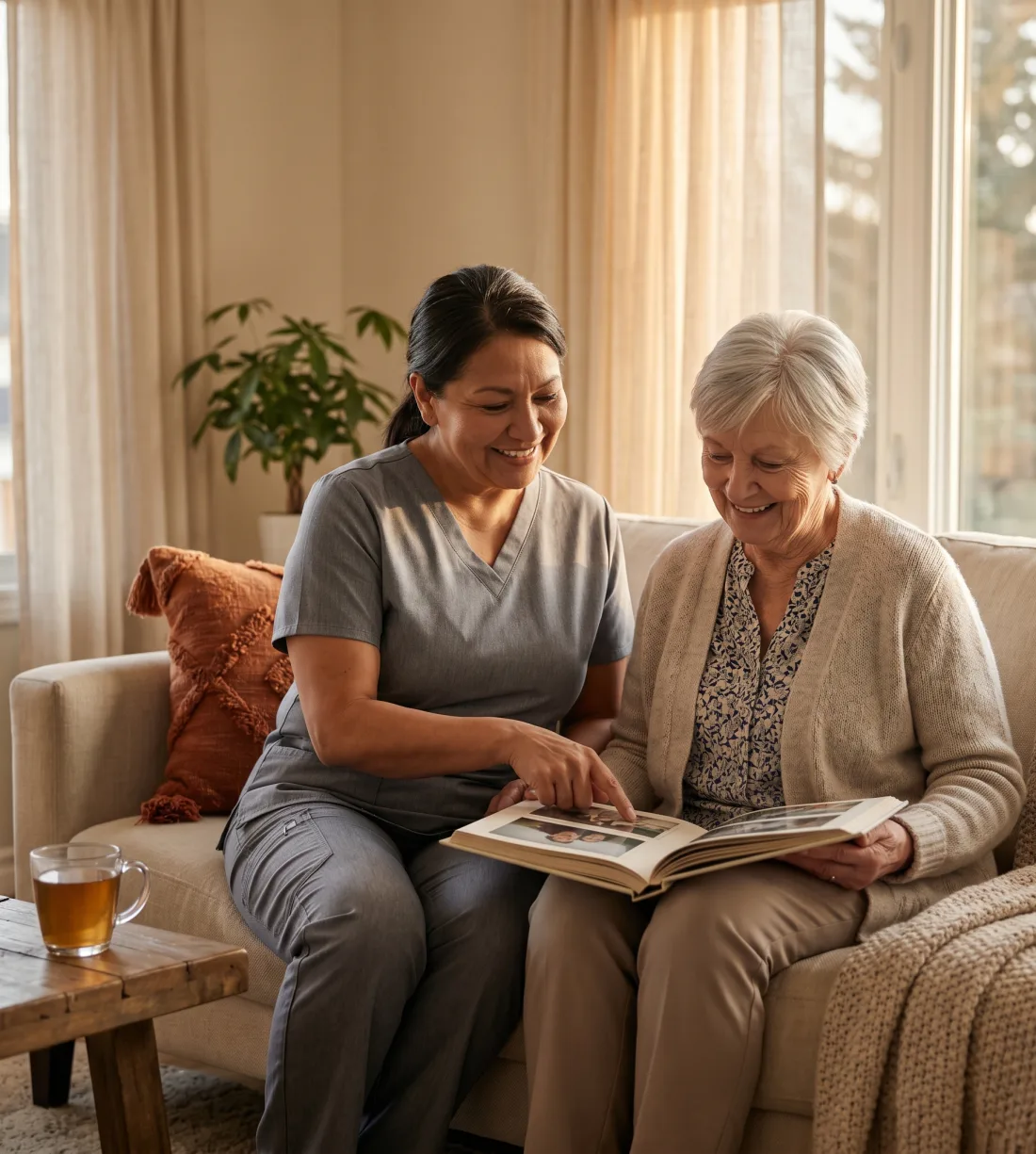 A #1 Right Care caregiver and a senior smiling over a photo album at home