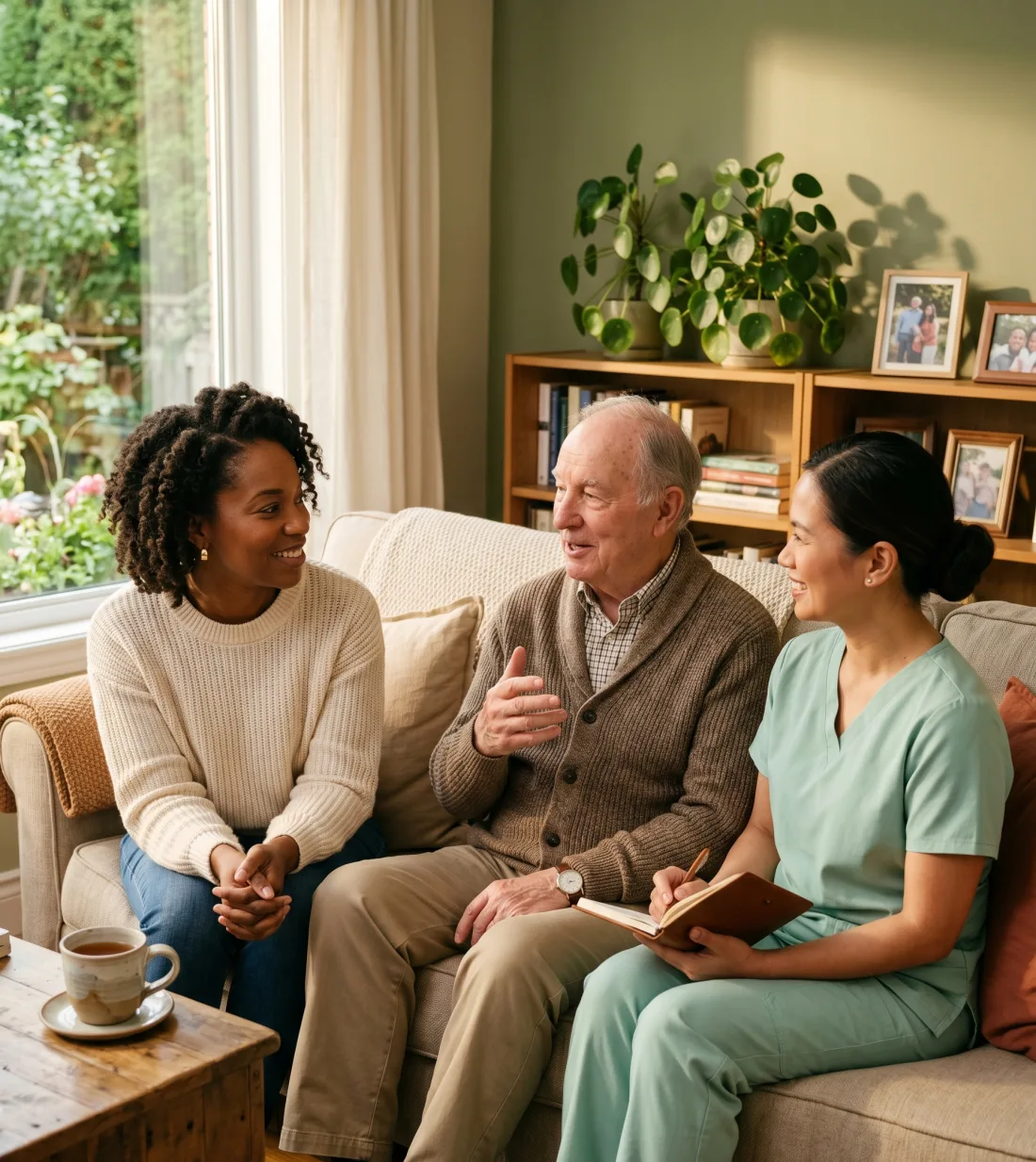 An adult daughter, her elderly father, and a #1 Right Care caregiver talking together on a sofa