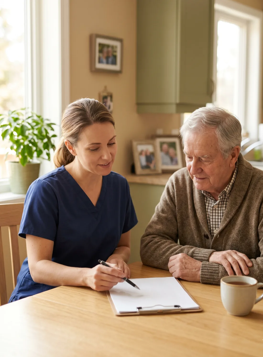 A #1 Right Care coordinator helping a senior with home-care funding paperwork at his kitchen table