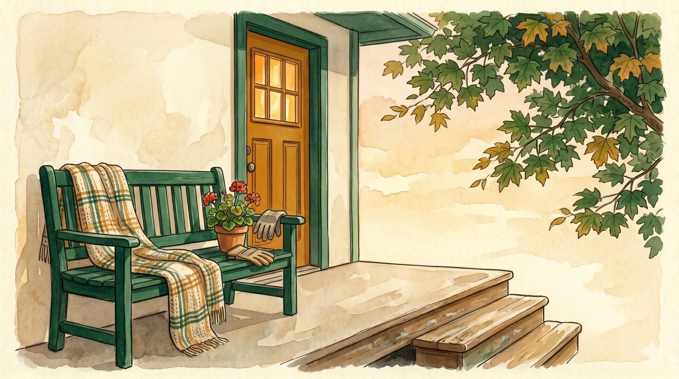 A welcoming Alberta home porch with a bench and geraniums