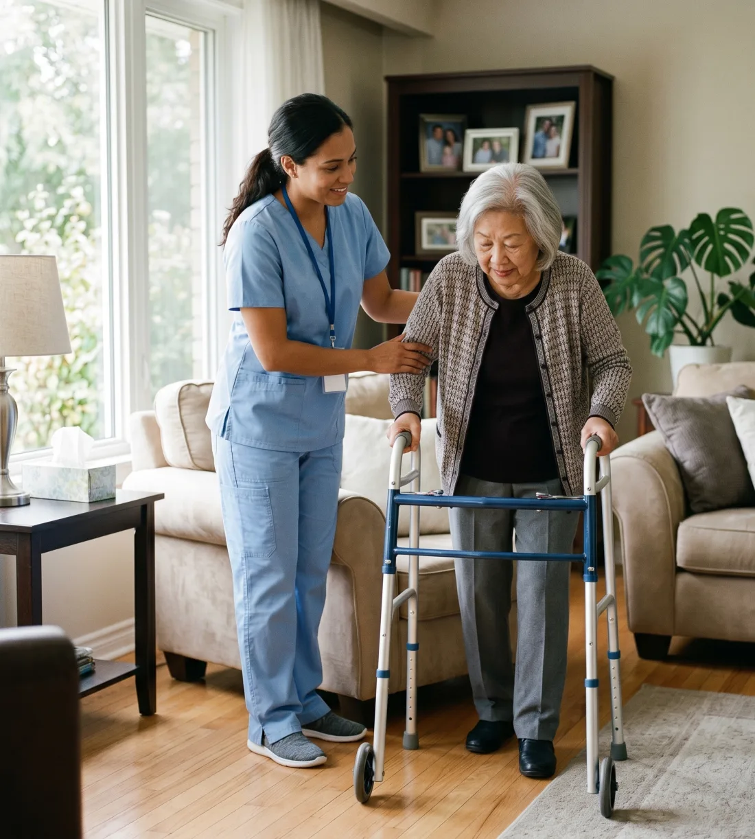A #1 Right Care caregiver helping a senior steady herself on a walker at home