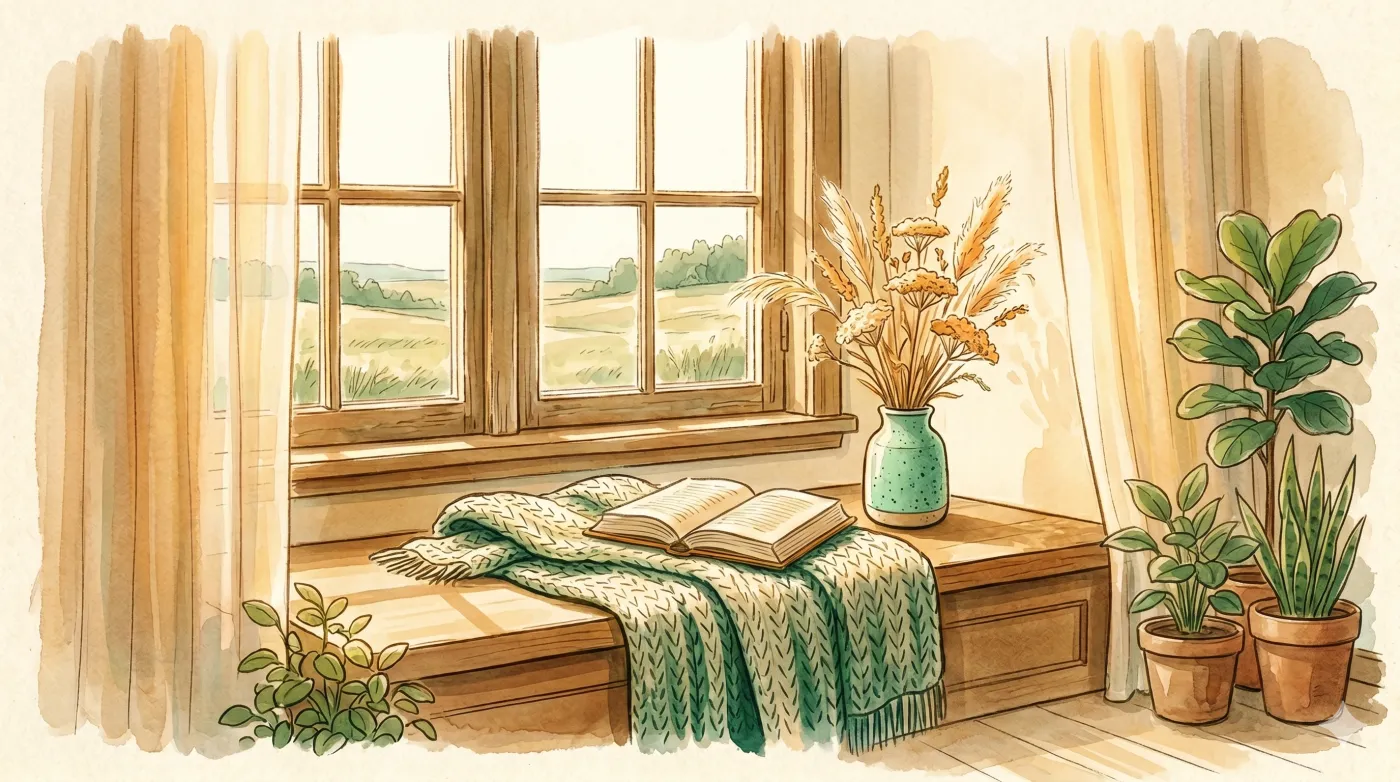 A window seat with a knitted blanket, an open book, and dried prairie grasses