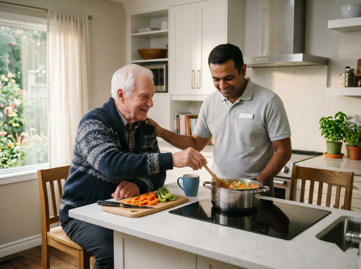 A #1 Right Care caregiver helping an older man prepare a meal in his home kitchen