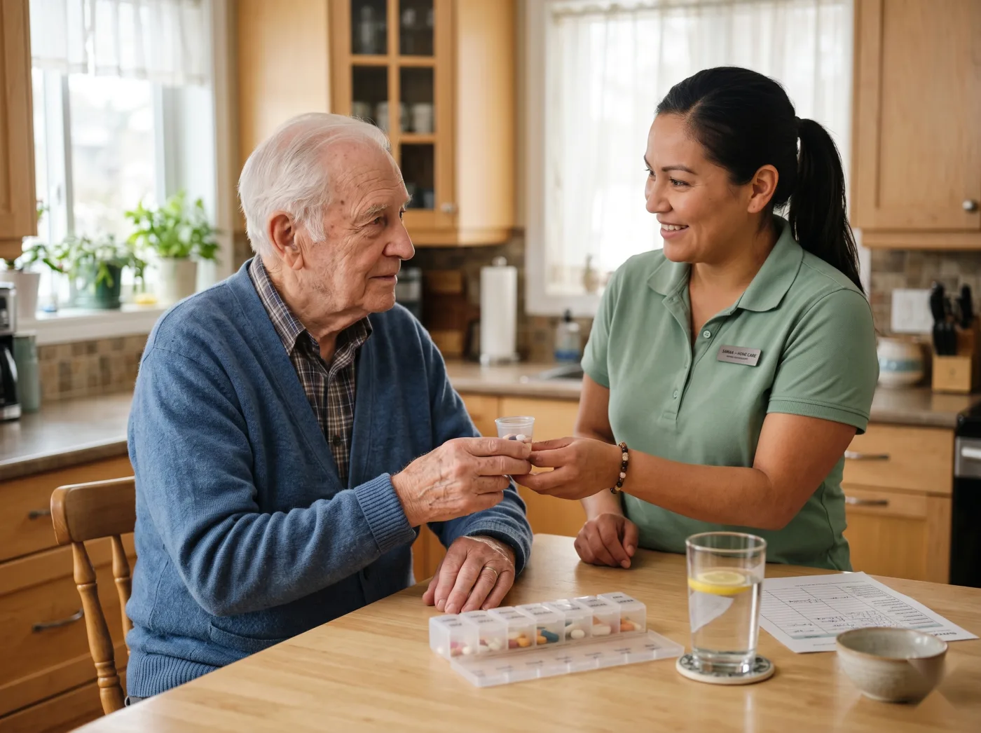 A #1 Right Care caregiver handing a medication cup to a senior at the kitchen table