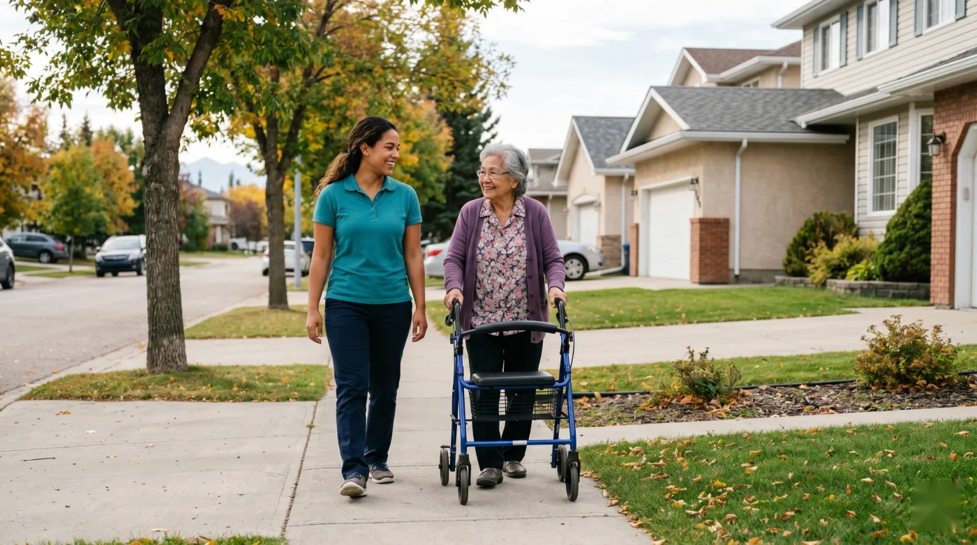 A #1 Right Care caregiver on an outdoor walk with a senior who uses a wheeled walker